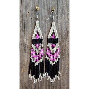 Handmade Beaded Earrings Drop / Dangle Geo Design Approx 5 in. Pink / Black